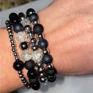 Stackable bead bracelets set of 4 black, silver, etc..handmade by my 8 year old.